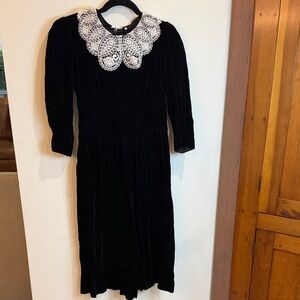 Vintage Petite Lanz Black Velvet Dress with White Lace Collar, 4- Feminine, Twee